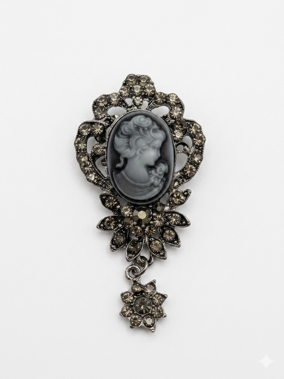 Vintage-Inspired Black Cameo Pendant Brooch with Smoke Crystal Accents